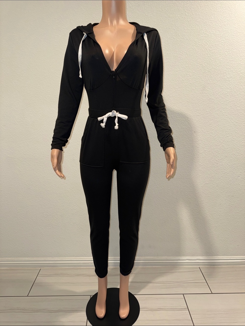 Black Hooded Drawstring Jumpsuit
